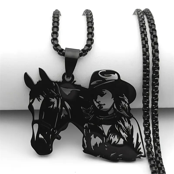 Black Stainless Steel Cowgirl and Horse Necklace NWT - Picture 1 of 4